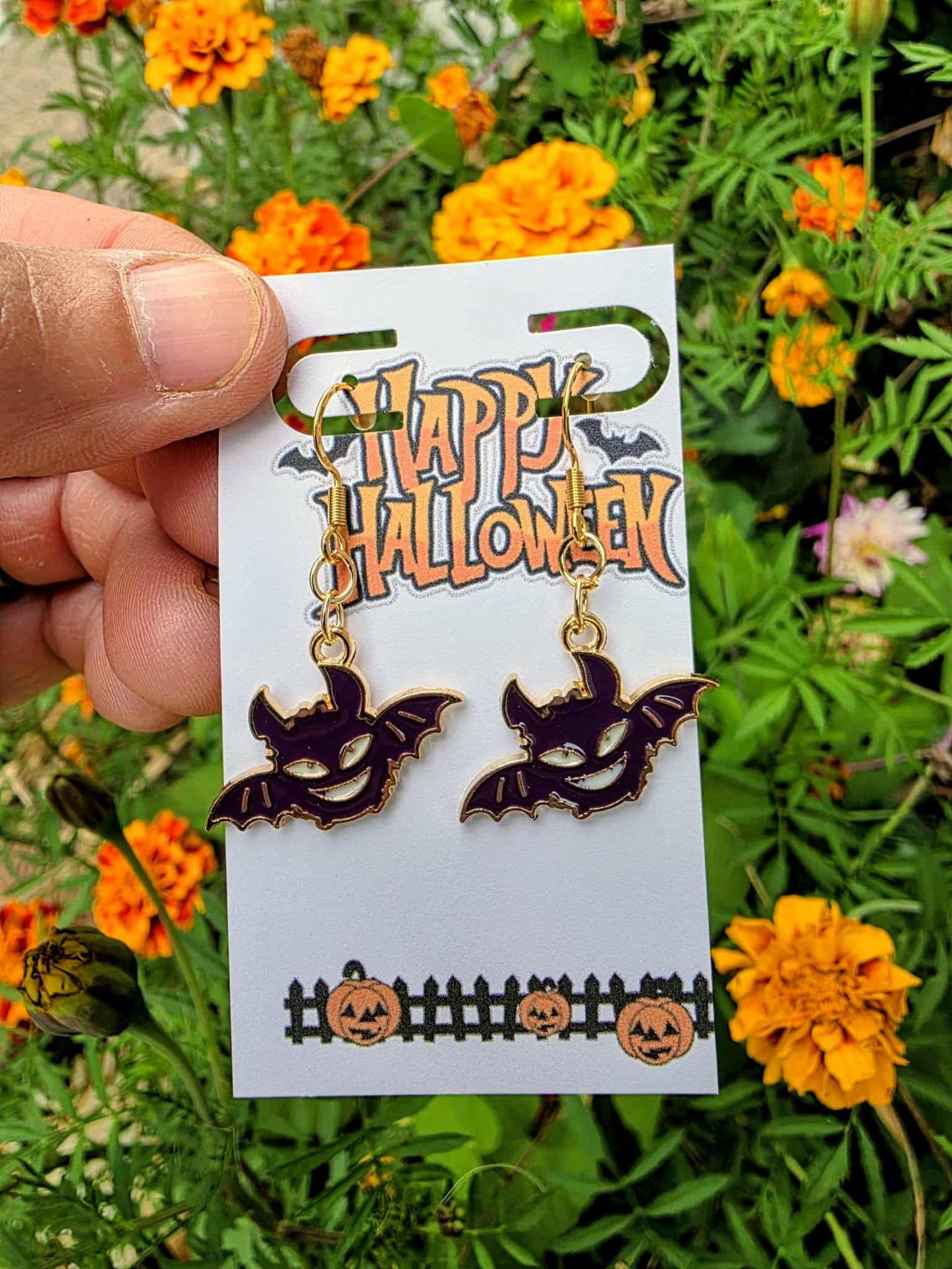 Halloween Bat Earrings | 18K Gold Over Brass | Hypoallergenic Spooky Dangle Earrings | Gothic Witchy Jewelry Gift
