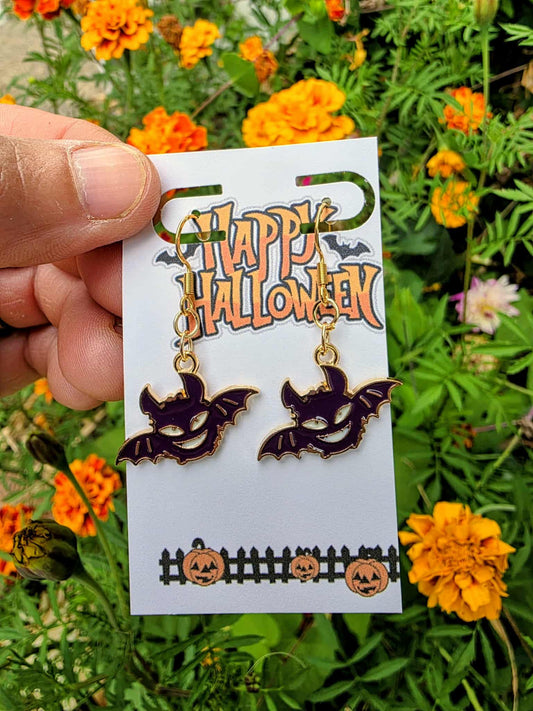 Halloween Bat Earrings | 18K Gold Over Brass | Hypoallergenic Spooky Dangle Earrings | Gothic Witchy Jewelry Gift