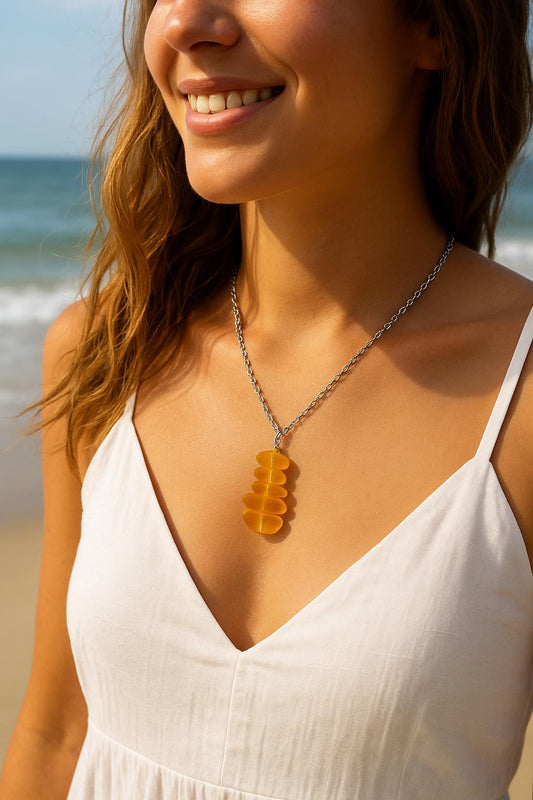 Handmade Yellow Sea Glass Necklace: Silver-Toned Boho Pendant