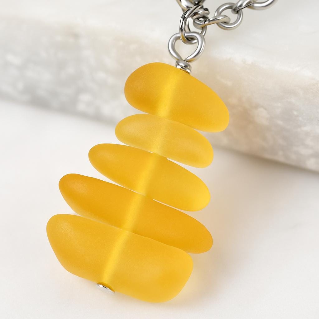 Handmade Yellow Sea Glass Necklace: Silver-Toned Boho Pendant