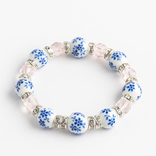 Blue Floral Beaded Stretch Bracelet: Pink Crystal Boho Jewelry