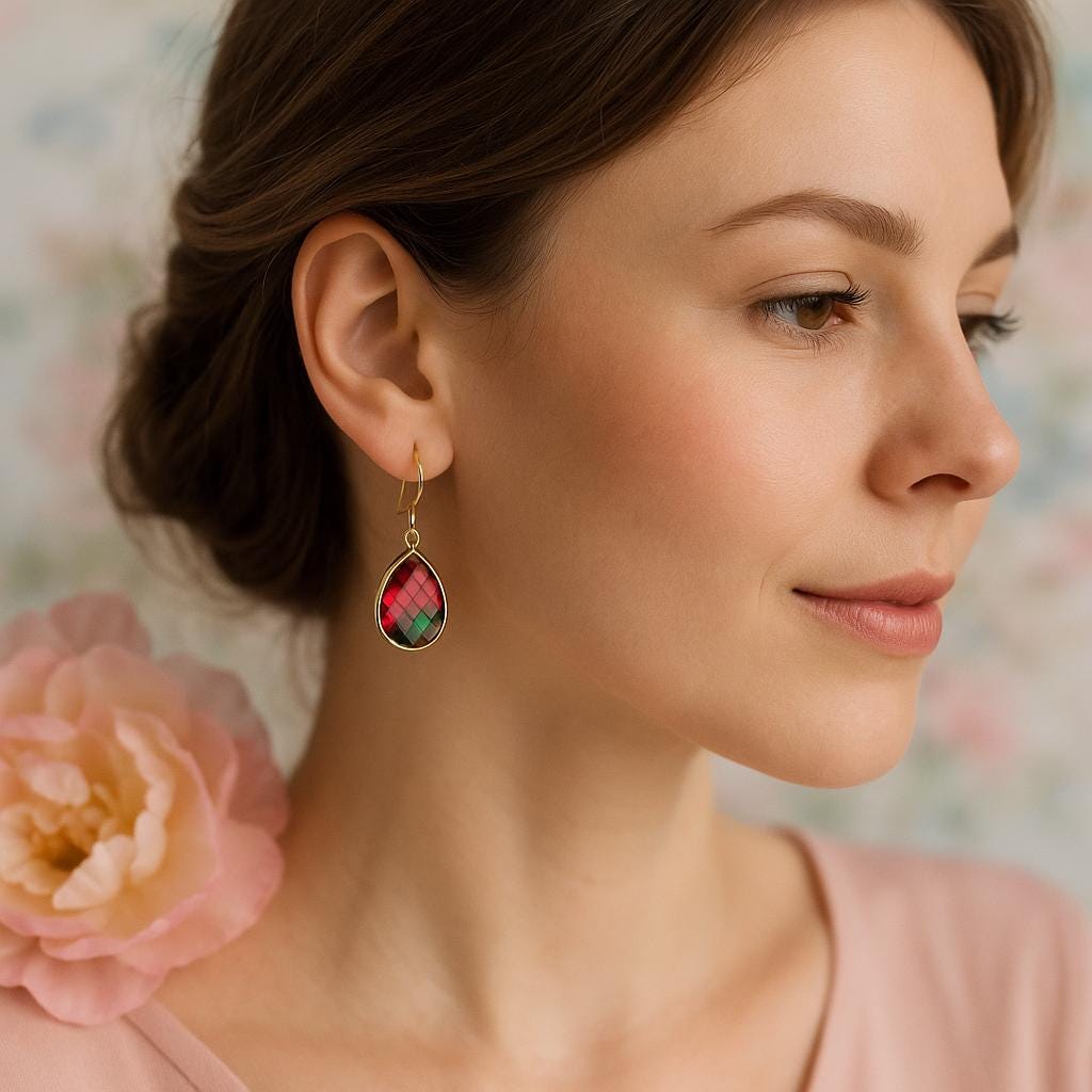 Gold Teardrop Dangle Earrings: Pink Green Crystal, 14k Gold Hooks