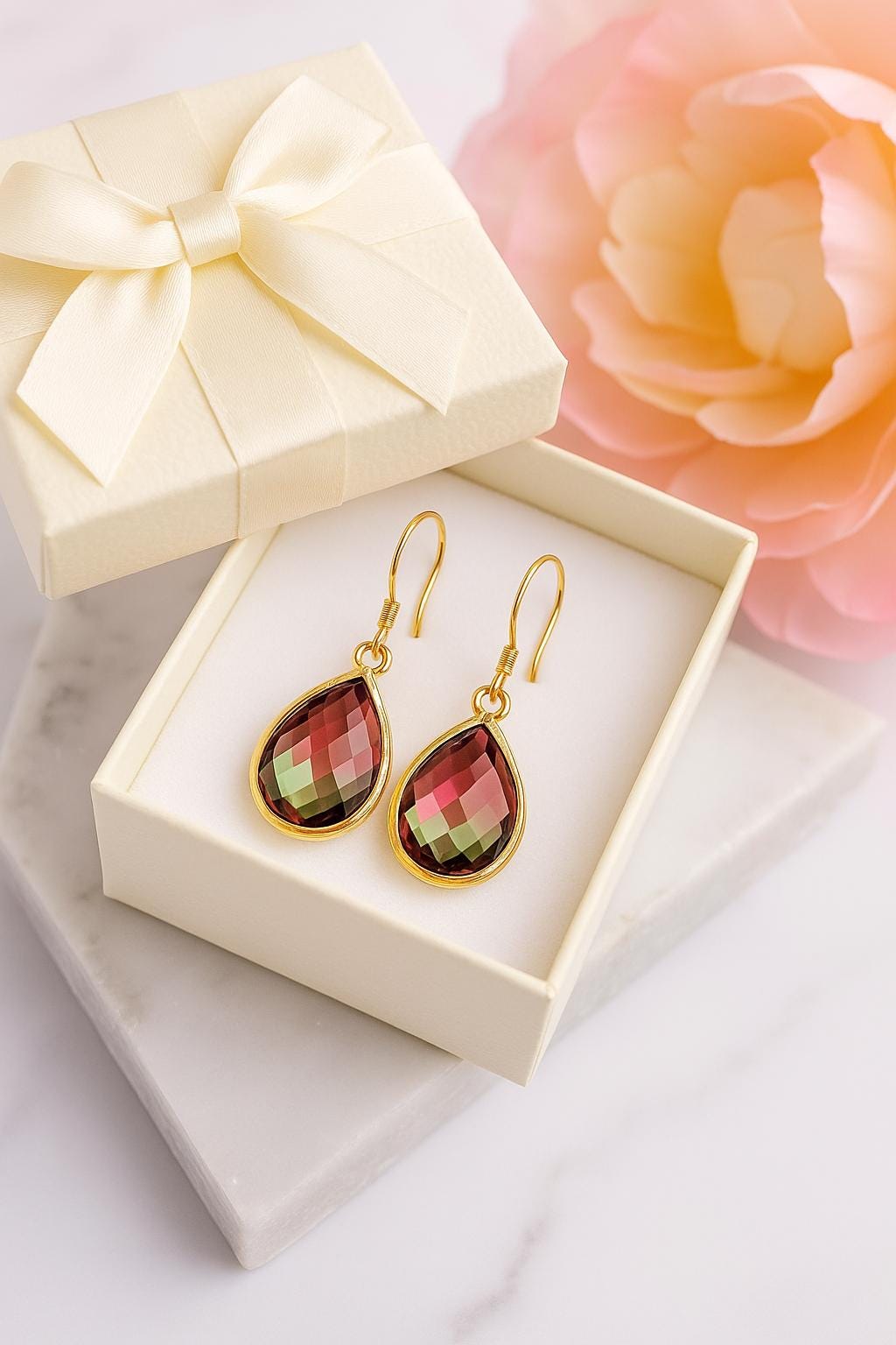 Gold Teardrop Dangle Earrings: Pink Green Crystal, 14k Gold Hooks
