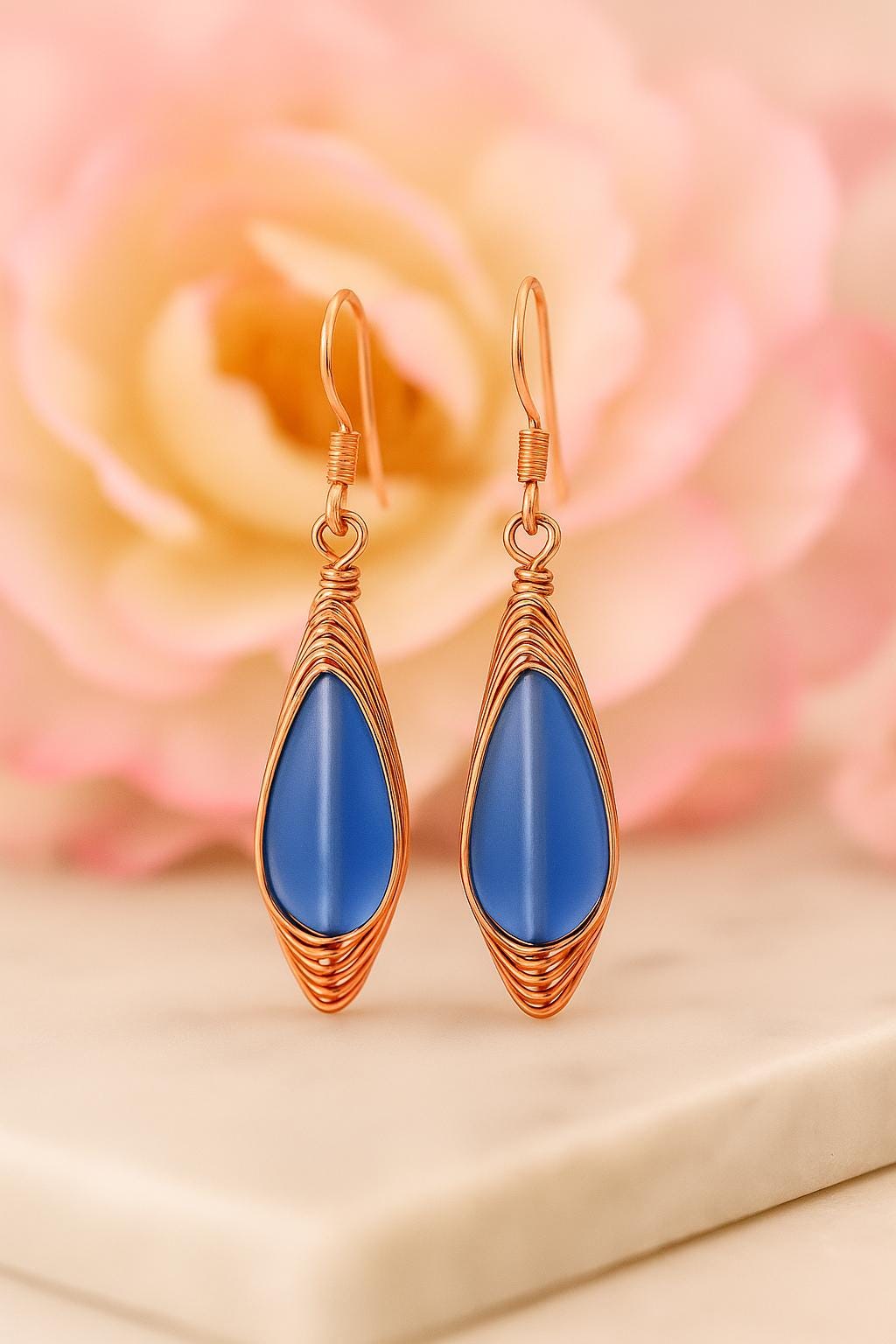 Amber Sea Glass Earrings: Copper Wire Wrapped Boho Dangles