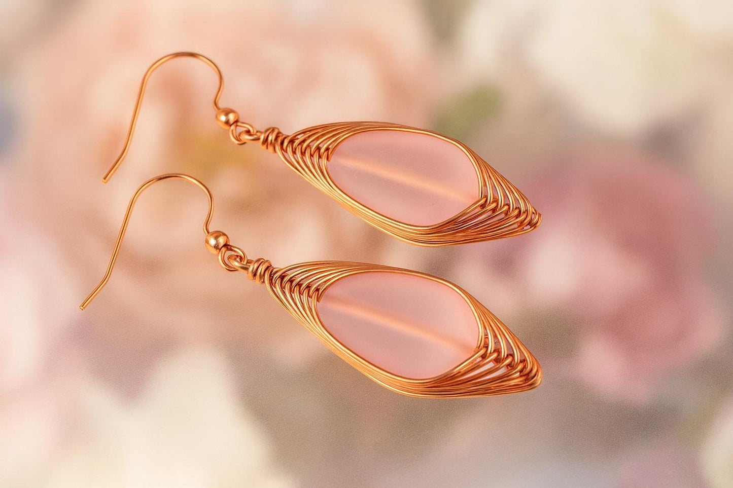 Amber Sea Glass Earrings: Copper Wire Wrapped Boho Dangles