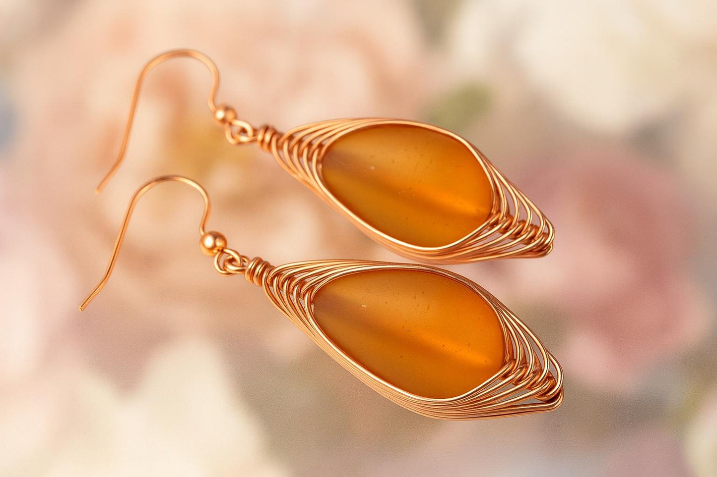 Amber Sea Glass Earrings: Copper Wire Wrapped Boho Dangles