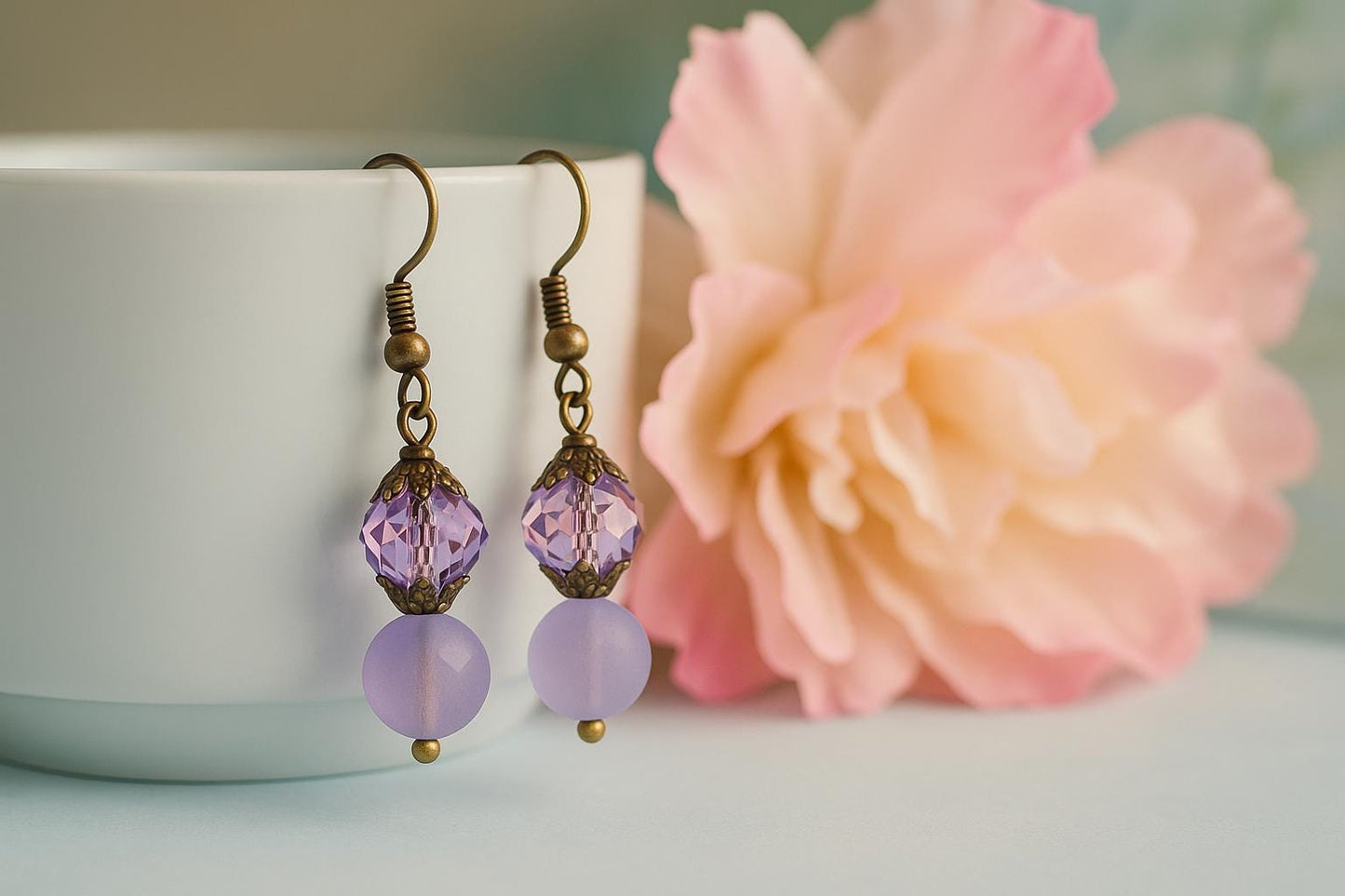 Light Purple Beaded Dangle Earrings: Vintage Style Filigree Jewelry