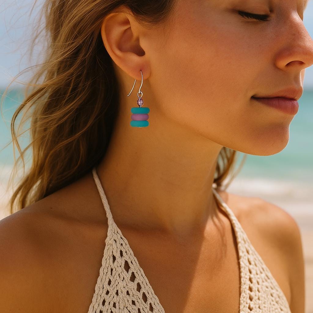 Handmade Sea Glass Earrings: Turquoise Lavender Sterling Silver Dangles
