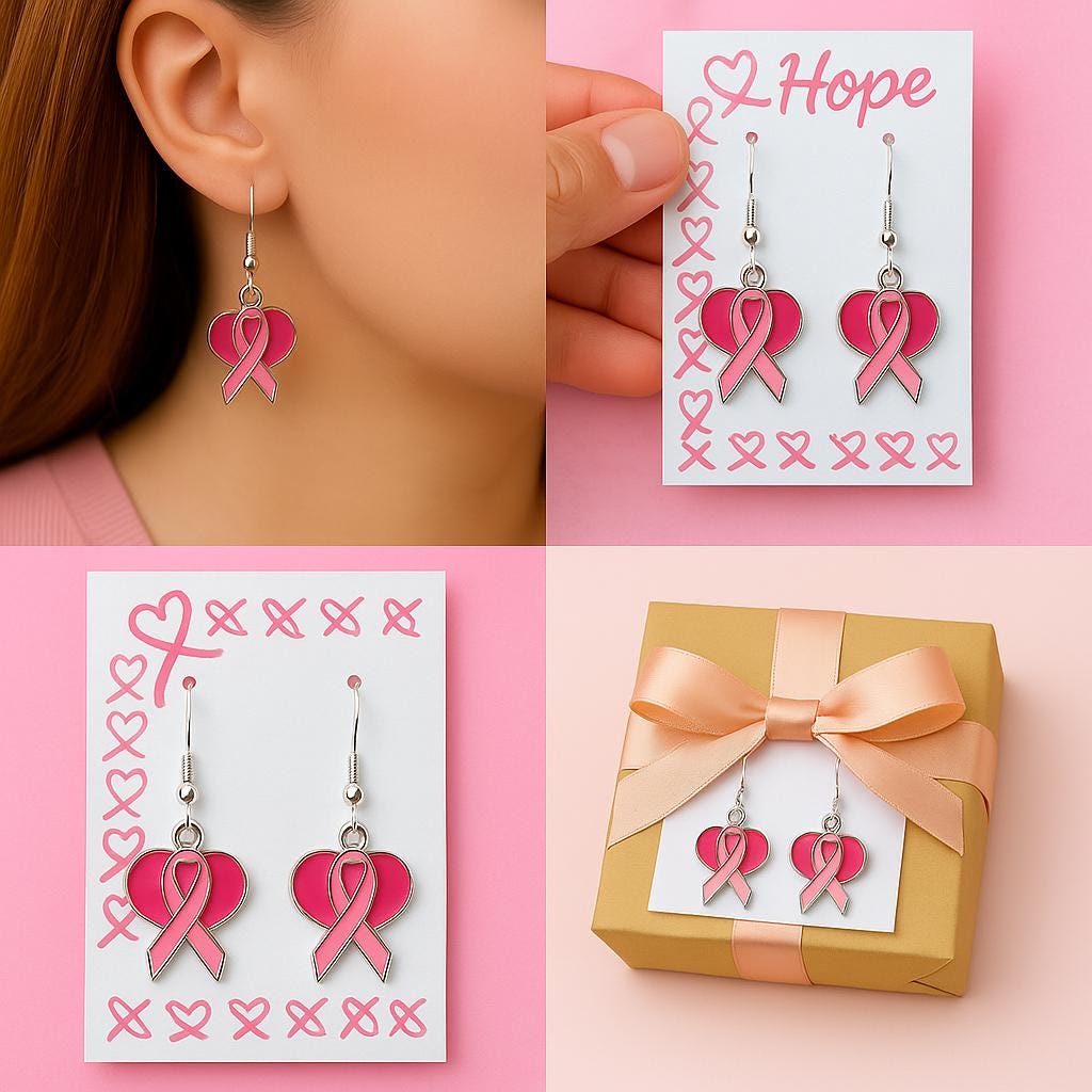 Pink Ribbon Heart Earrings – Breast Cancer Awareness Jewelry, Survivor Gift, Hope Support Earrings, October Fundraiser Jewelry