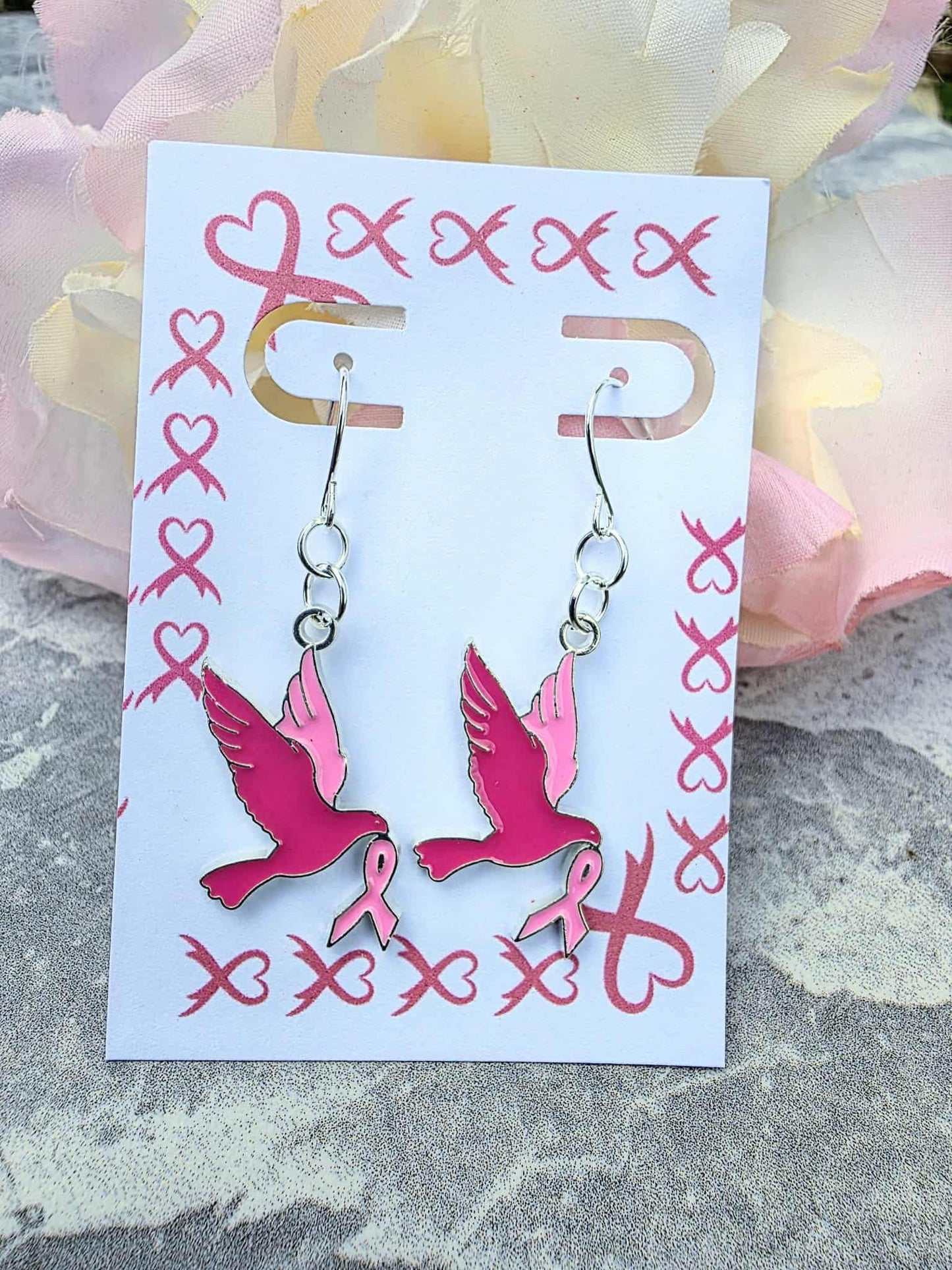 Pink Dove Ribbon Jewelry Set – Breast Cancer Awareness Earrings & Necklace, Survivor Gift, Support Jewelry
