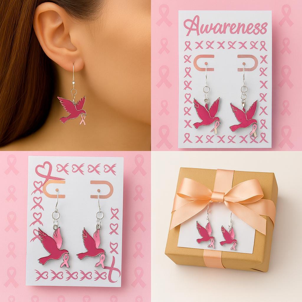 Pink Dove Ribbon Jewelry Set – Breast Cancer Awareness Earrings & Necklace, Survivor Gift, Support Jewelry