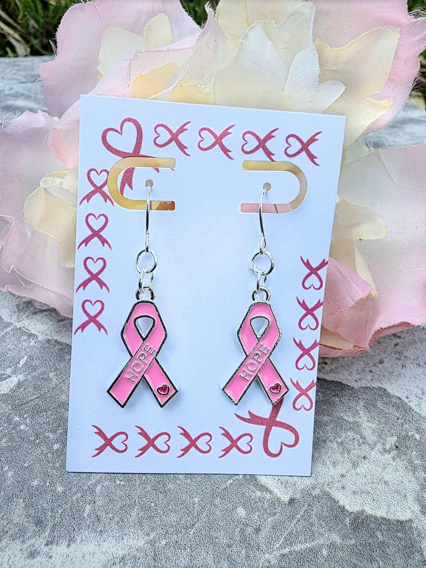 Pink Ribbon HOPE Earrings | Breast Cancer Awareness Jewelry | Survivor Support Gift | Dangle Drop Earrings
