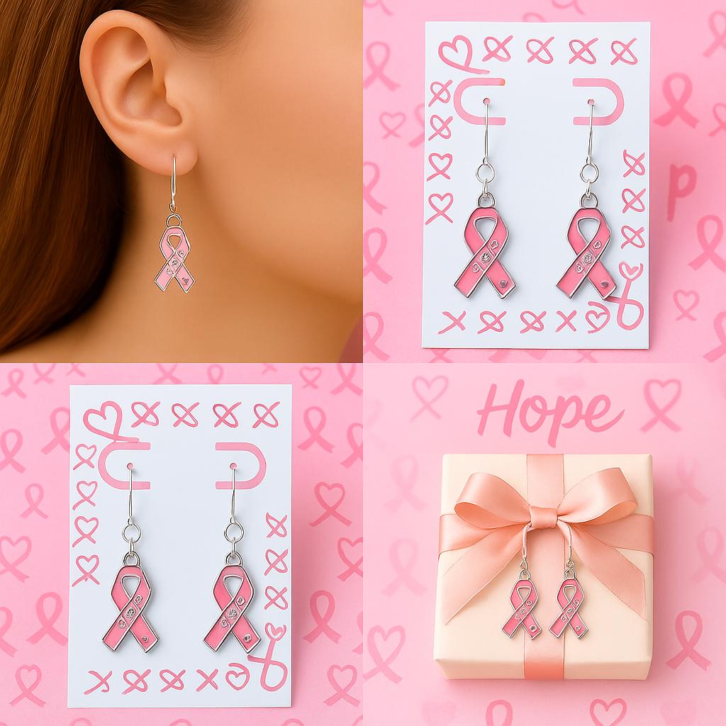 Pink Ribbon HOPE Earrings | Breast Cancer Awareness Jewelry | Survivor Support Gift | Dangle Drop Earrings