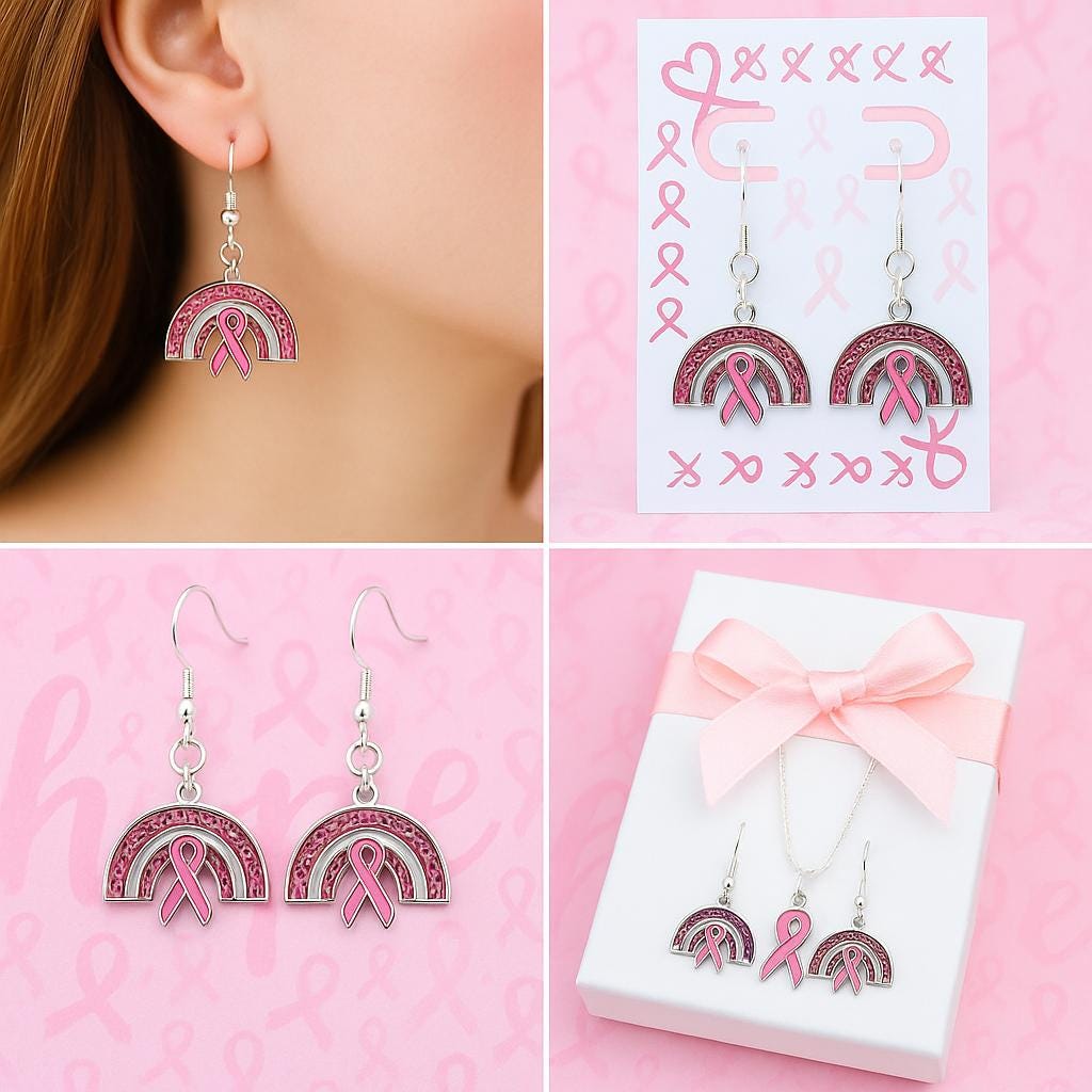 Pink Ribbon Rainbow Earrings – Breast Cancer Awareness Jewelry, Survivor Gift, Support Hope Earrings