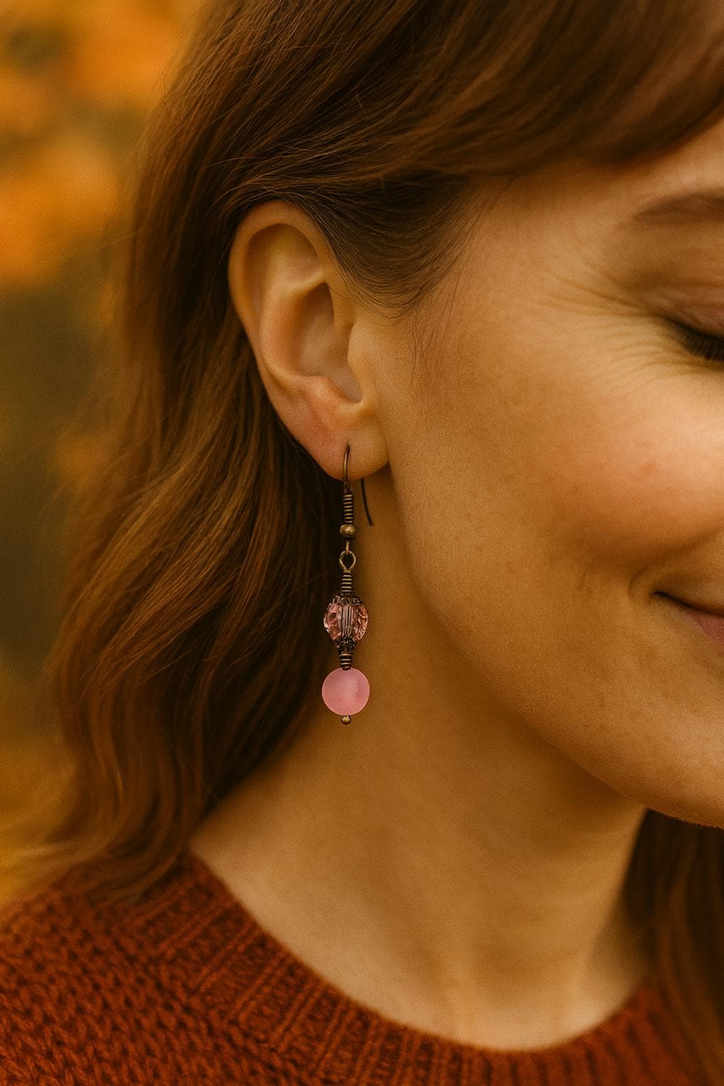 Blush Pink Frosted Glass Earrings • Vintage Dangle, Fall Jewelry