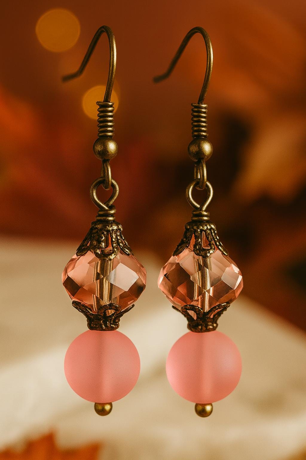 Blush Pink Autumn Earrings • Handmade Fall Jewelry • Frosted Glass Dangle Earrings • Vintage Style Gift for Her • Boho Autumn Accessories