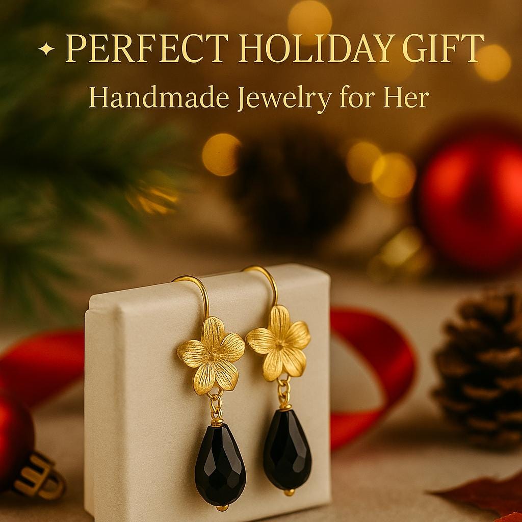 Black Teardrop Earrings • Gold Floral Dangles, Autumn Jewelry