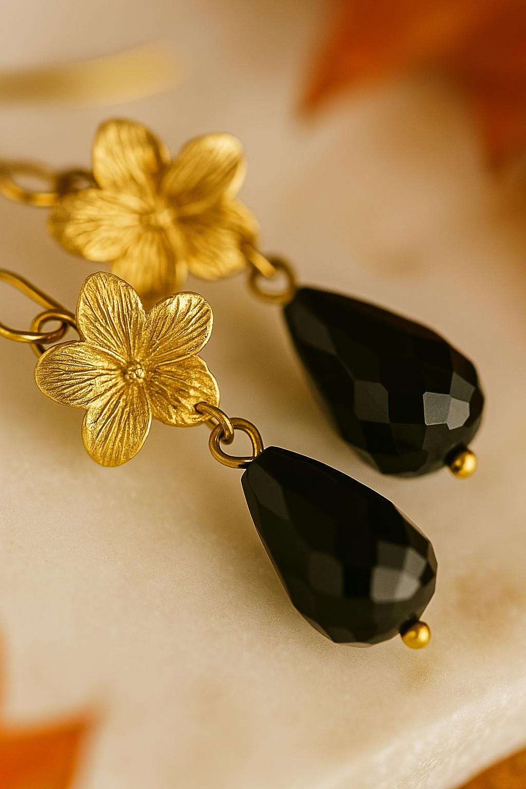 Black Teardrop Earrings • Gold Floral Dangle Earrings • Autumn Everyday Jewelry • Handmade Gift for Her • Boho Fall Accessories