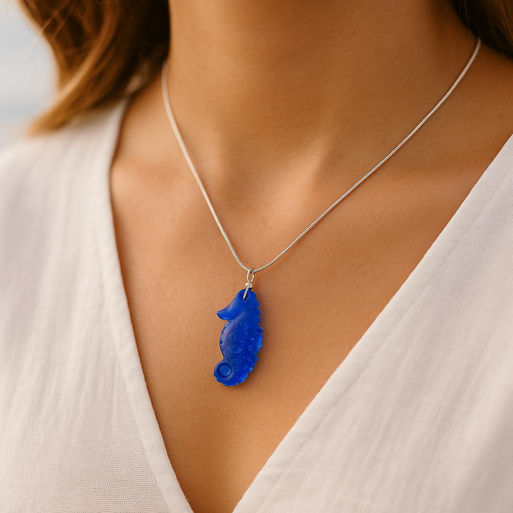 Blue Seahorse Necklace • Sterling Silver Chain, Beach Jewelry
