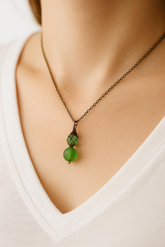 Green Sea Glass Necklace • Handmade Jewelry Gift for Her • Frosted Glass Pendant • Coastal Boho Accessories • Ready to Gift Jewelry