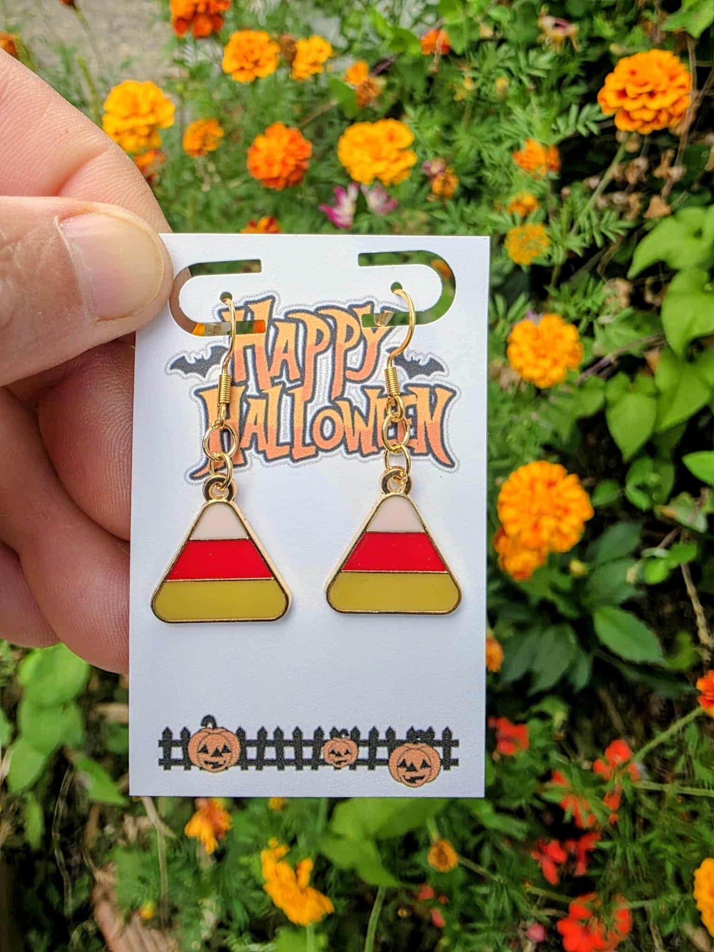 Candy-Corn Dangle Earrings | Halloween Drop Earrings | Lightweight Gold Enamel | Fall Treat Jewelry Gift-Ready