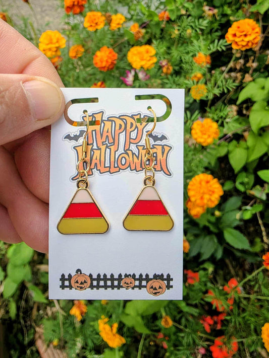 Candy-Corn Dangle Earrings | Halloween Drop Earrings | Lightweight Gold Enamel | Fall Treat Jewelry Gift-Ready