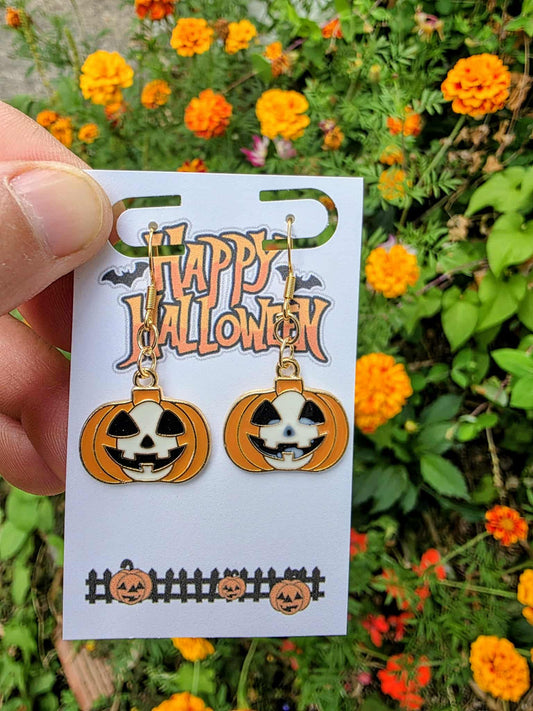 Skull Pumpkin Jack-O’-Lantern Dangle Earrings | Halloween Drop Earrings | Gold Enamel Lightweight | Spooky-Cute Fall Jewelry Gift
