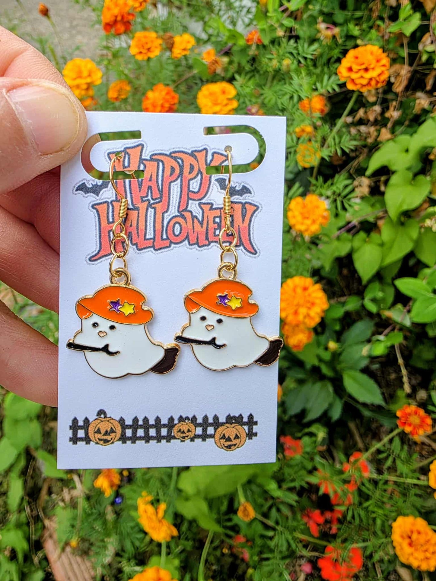 Halloween Ghost Dangle Earrings | Spooky White Ghosts with Purple Witch Hat | Cute Halloween Jewelry Gift