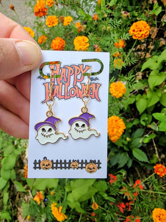 Halloween Ghost Dangle Earrings | Spooky Ghosts with Purple Witch Hats | Cute Halloween Jewelry Gift