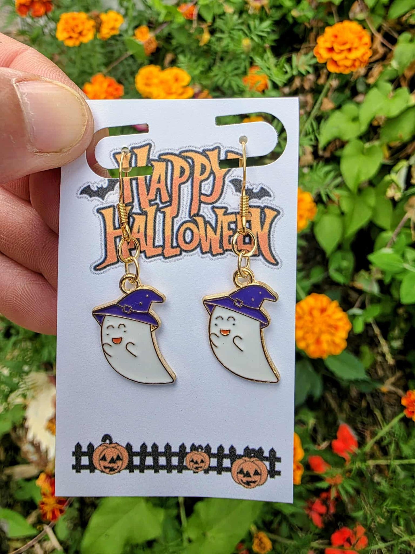 Cute Ghost Halloween Earrings | Spooky Dangle Earrings with Witch Hat | Fun Fall Jewelry Gift