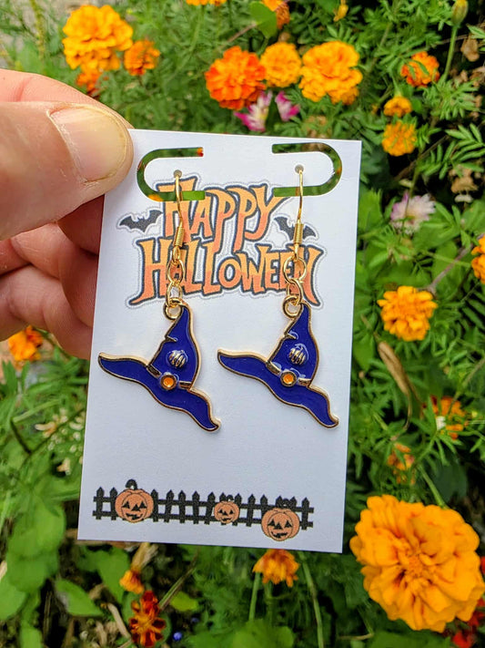 Blue Witch Hat Halloween Earrings | Magical Dangle Jewelry | Witchy Costume Accessory | Spooky Cute Earrings | Fall Festival Gift
