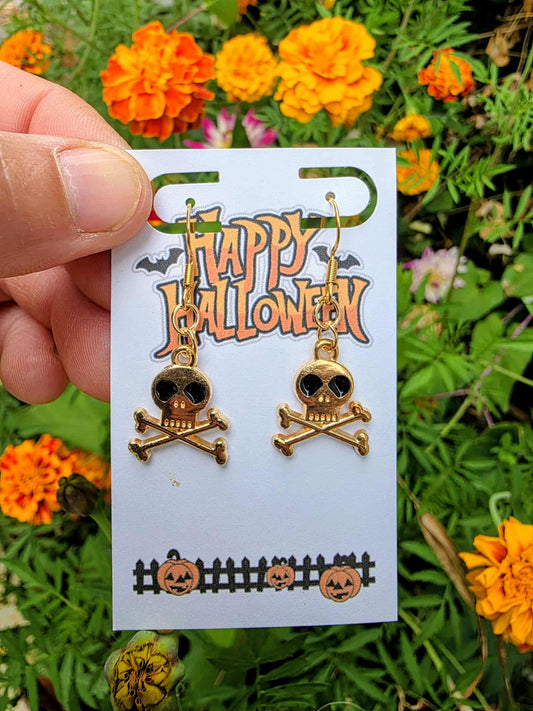 Gold Skull & Crossbones Halloween Earrings | Gothic Pirate Spooky Dangle Jewelry Gift