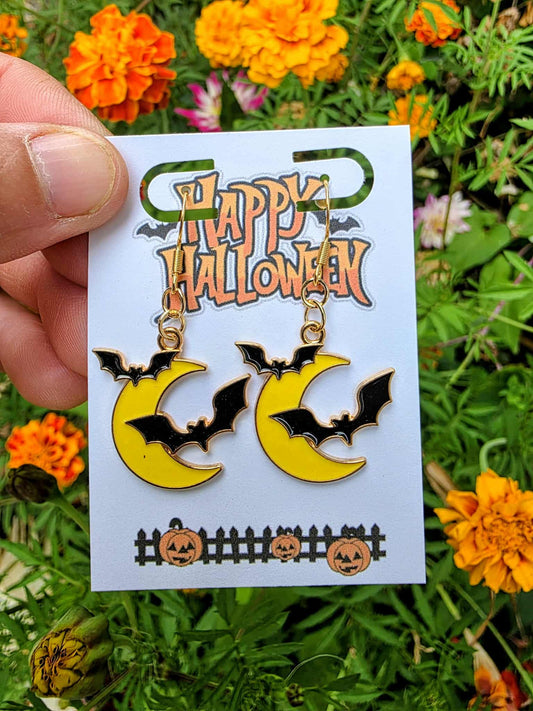 Yellow Crescent Moon Bat Earrings – Spooky Halloween Dangle Jewelry, Gothic Witchy Accessories, Celestial Fall Festival Earrings
