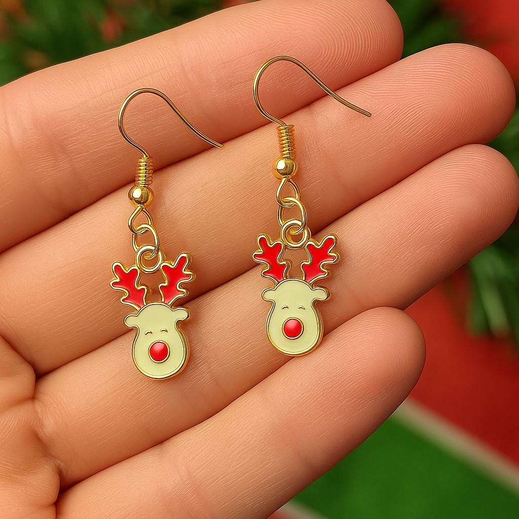 Adorable Rudolph Reindeer Dangle Earrings – Festive Gold & Red Christmas Holiday Jewelry Gift for Her, Xmas Necklace Set