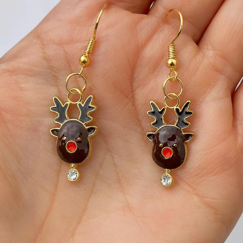 Rudolph Reindeer Christmas Earrings • Holiday Dangle Earrings • Cute Reindeer Jewelry Gift • Festive Xmas Earrings for Women