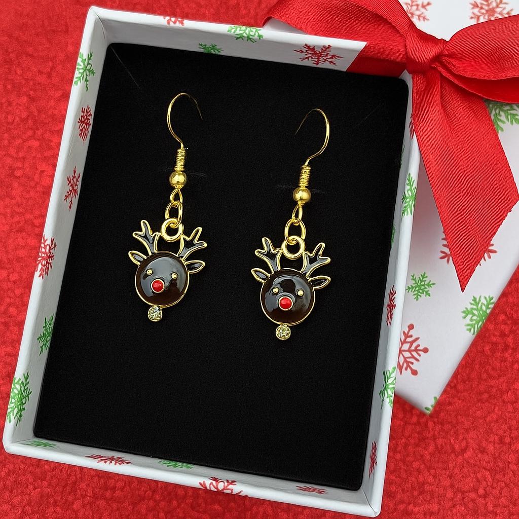 Rudolph Reindeer Christmas Earrings • Holiday Dangle Earrings • Cute Reindeer Jewelry Gift • Festive Xmas Earrings for Women