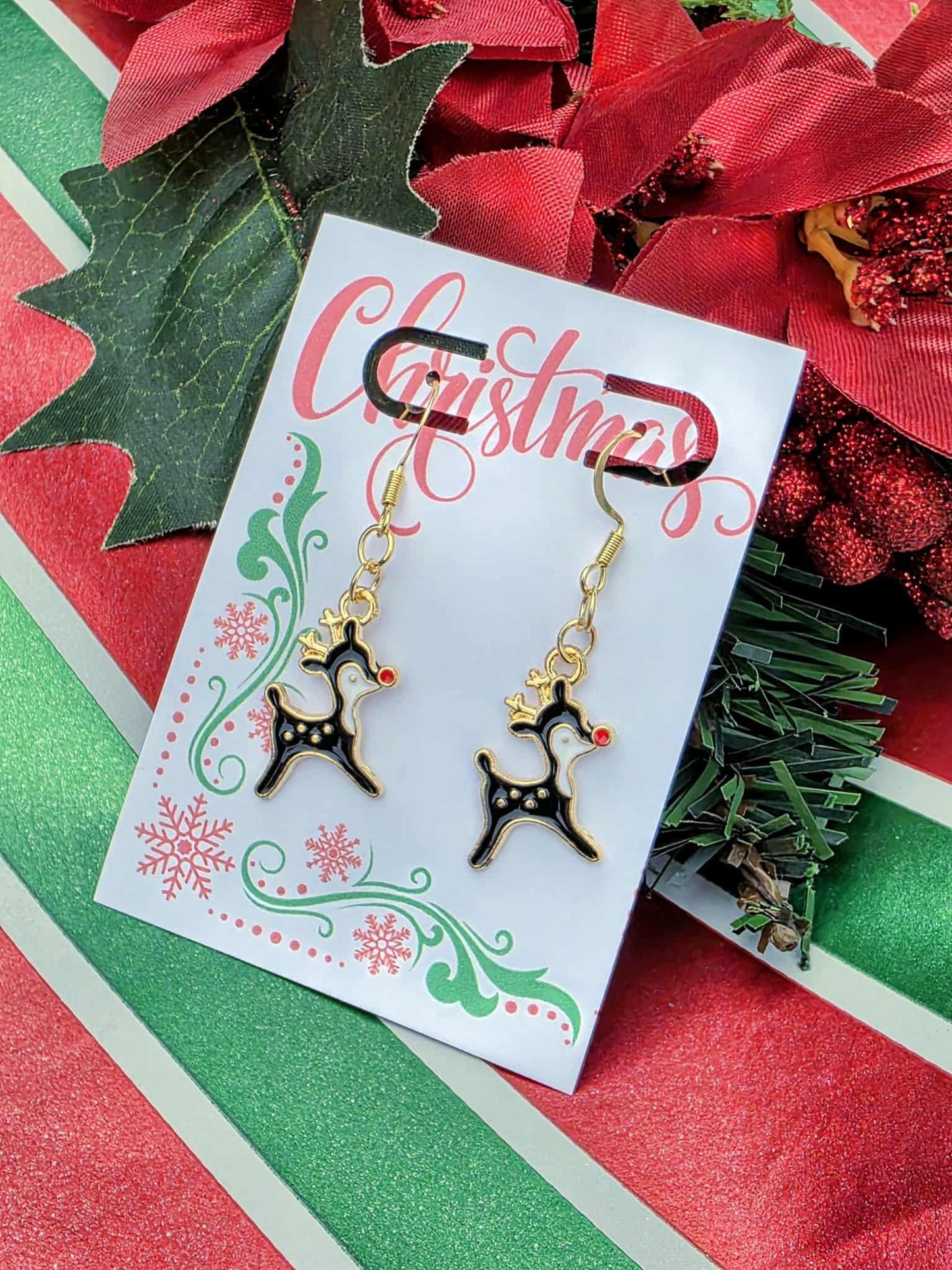 Festive Reindeer Dangle Earrings – Gold & Black Holiday Christmas Jewelry with Red Nose Charm