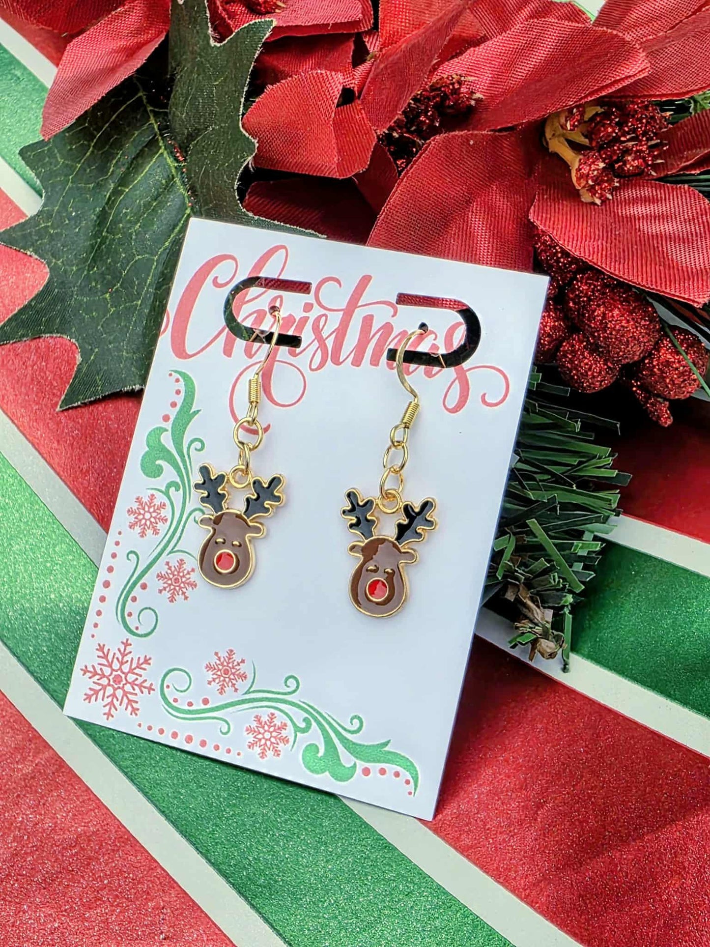Holiday Reindeer Jewelry Set – Festive Gold Dangle Earrings & Matching Christmas Pendant Necklace with Red Nose Charm