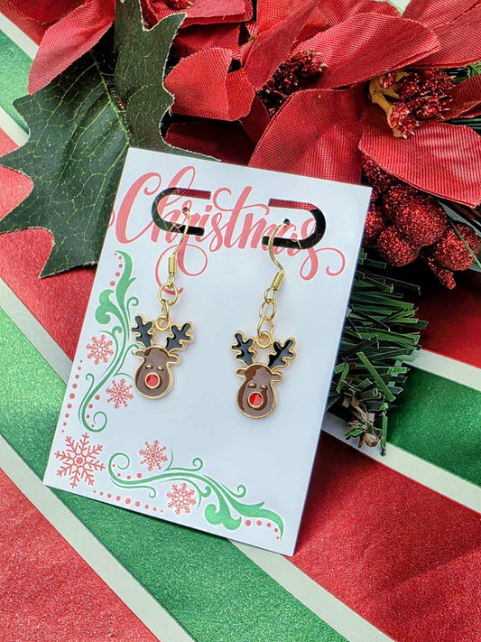 Holiday Reindeer Jewelry Set – Festive Gold Dangle Earrings & Matching Christmas Pendant Necklace with Red Nose Charm