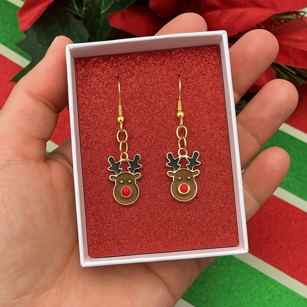 Holiday Reindeer Jewelry Set – Festive Gold Dangle Earrings & Matching Christmas Pendant Necklace with Red Nose Charm