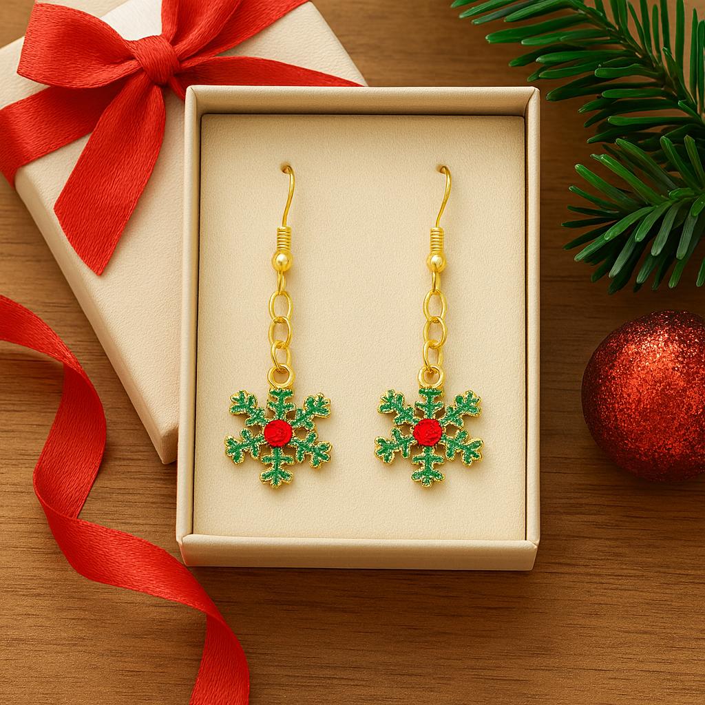 Green Snowflake Jewelry Set – Christmas Holiday Earrings & Matching Necklace – Festive Winter Gift for Women