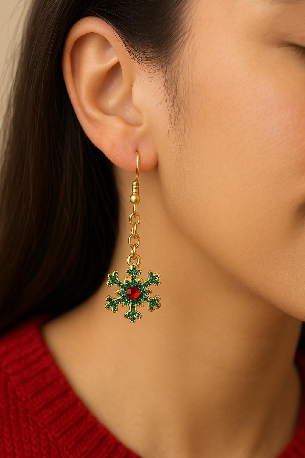 Green Snowflake Jewelry Set – Christmas Holiday Earrings & Matching Necklace – Festive Winter Gift for Women