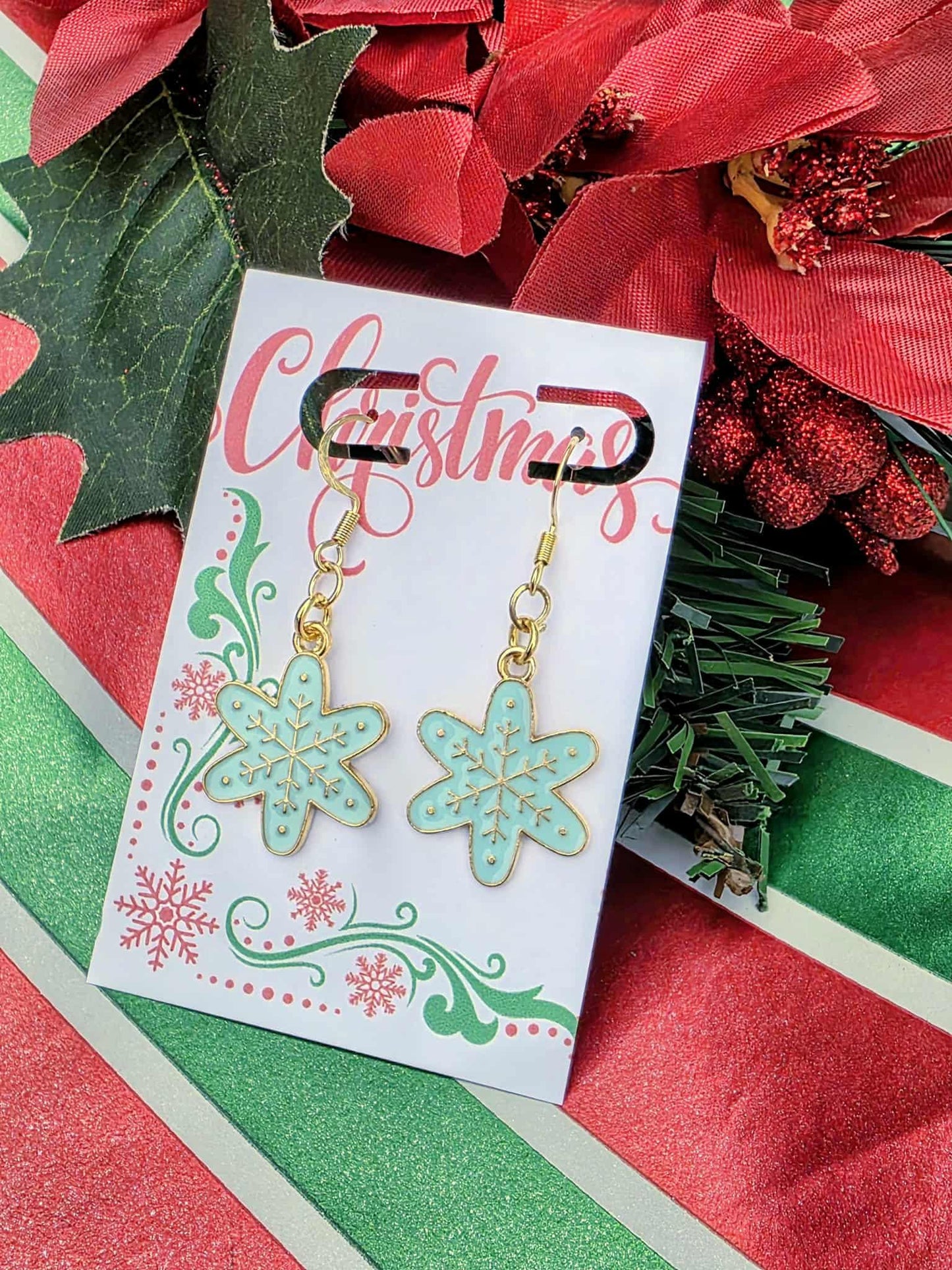 Gold Snowflake Dangle Earrings – Christmas Holiday Jewelry Gift for Women – Festive Winter Drop Earrings – Sparkly Seasonal Snowflake Charm