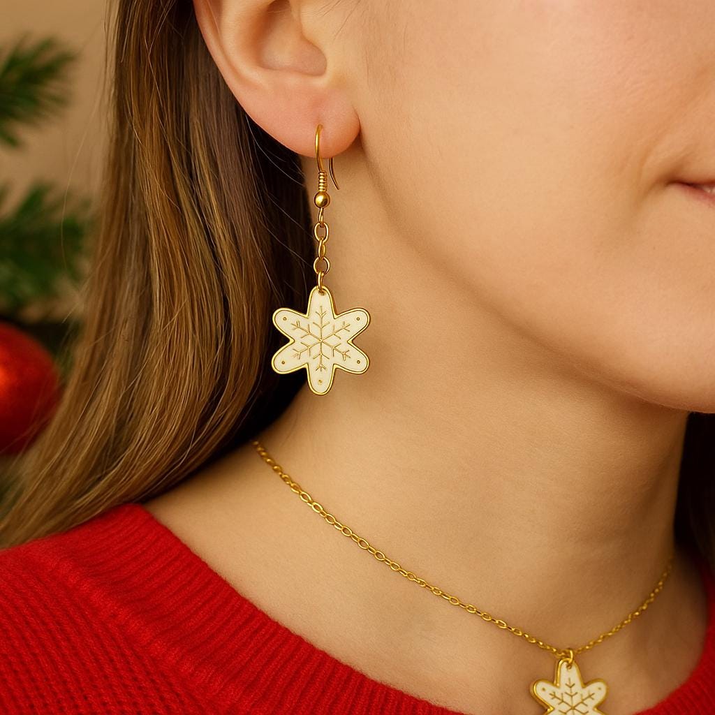 White Snowflake Jewelry Set – Holiday Earrings & Matching Necklace – Elegant Winter Christmas Gift for Women