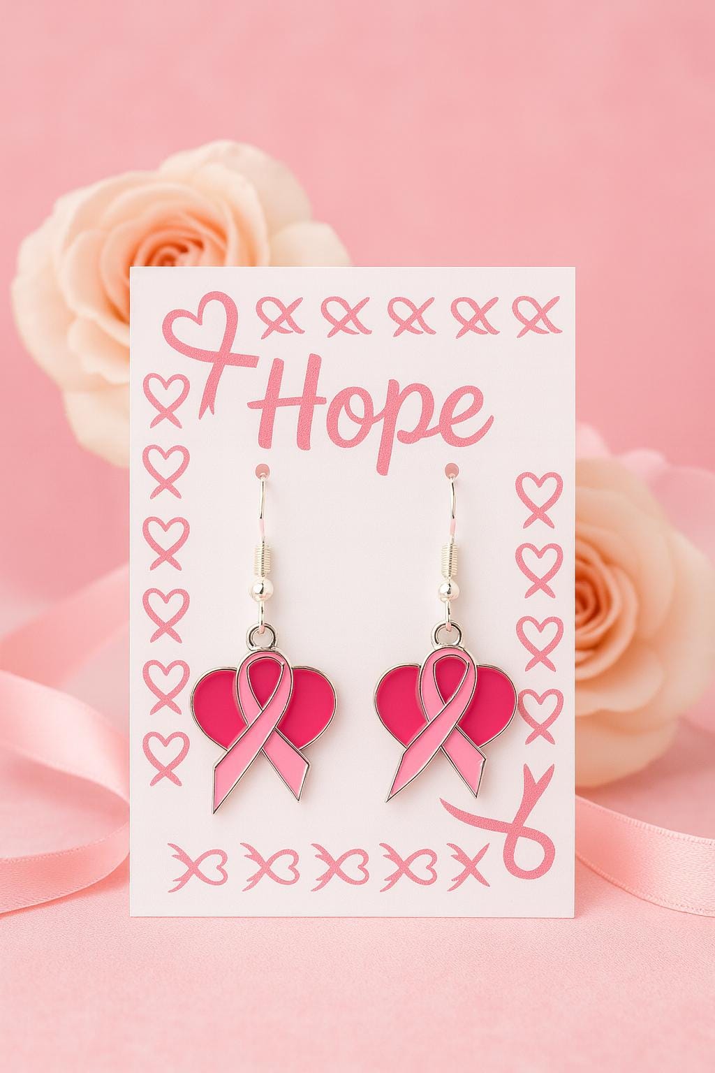 Pink Ribbon Heart Earrings – Breast Cancer Awareness Jewelry, Survivor Gift, Hope Support Earrings, October Fundraiser Jewelry