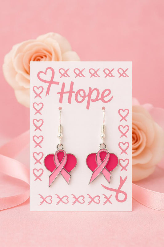 Pink Ribbon Heart Earrings – Breast Cancer Awareness Jewelry, Survivor Gift, Hope Support Earrings, October Fundraiser Jewelry