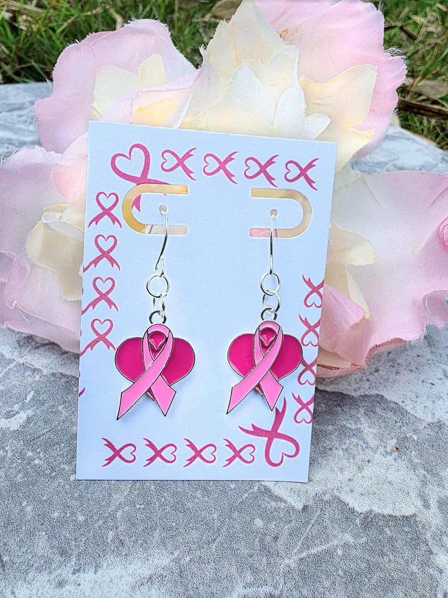 Pink Ribbon Heart Earrings – Breast Cancer Awareness Jewelry, Survivor Gift, Hope Support Earrings, October Fundraiser Jewelry