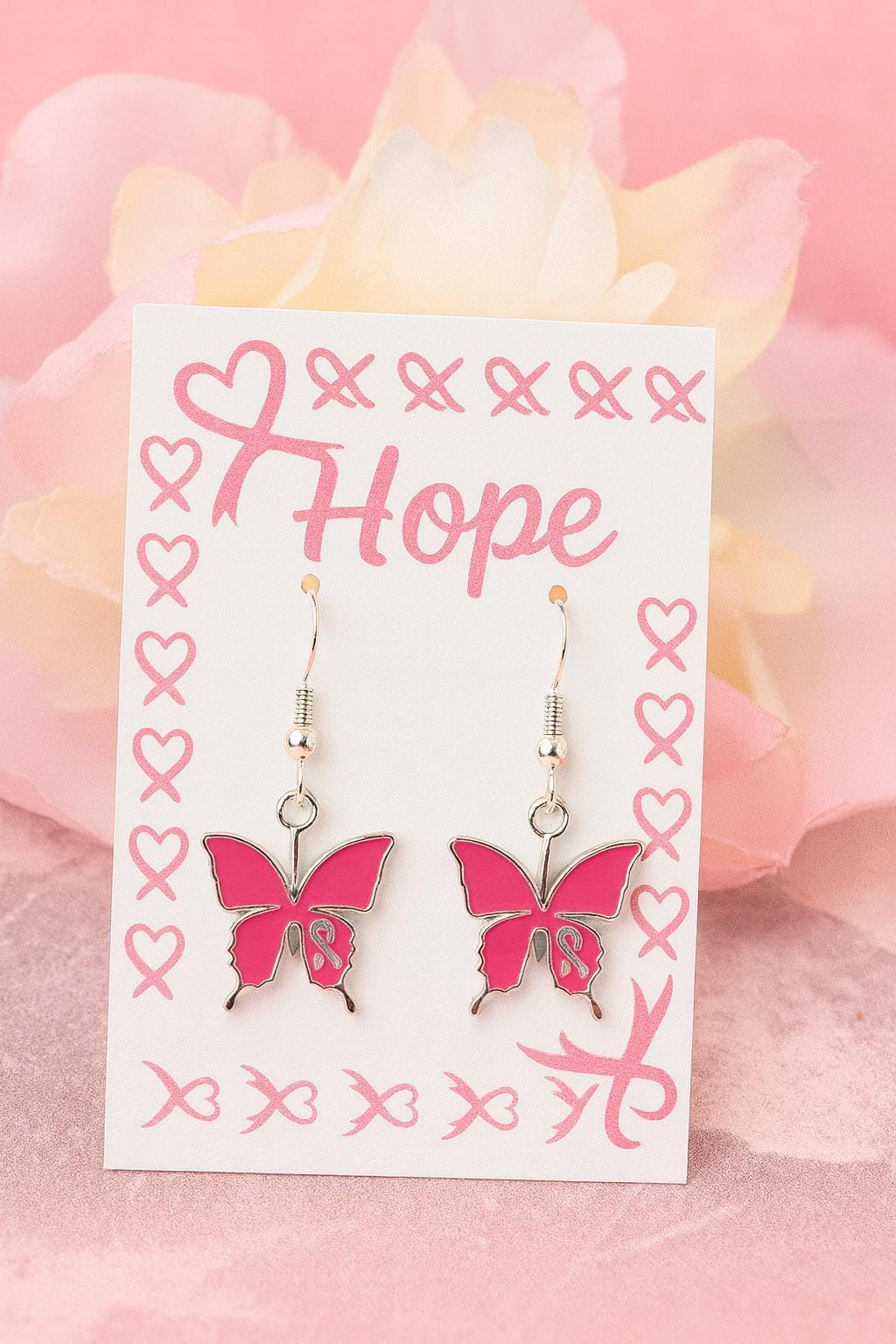 Pink Butterfly Ribbon Jewelry Set – Awareness Earrings & Necklace, Breast Cancer Support Gift, Feminine Hope Jewelry