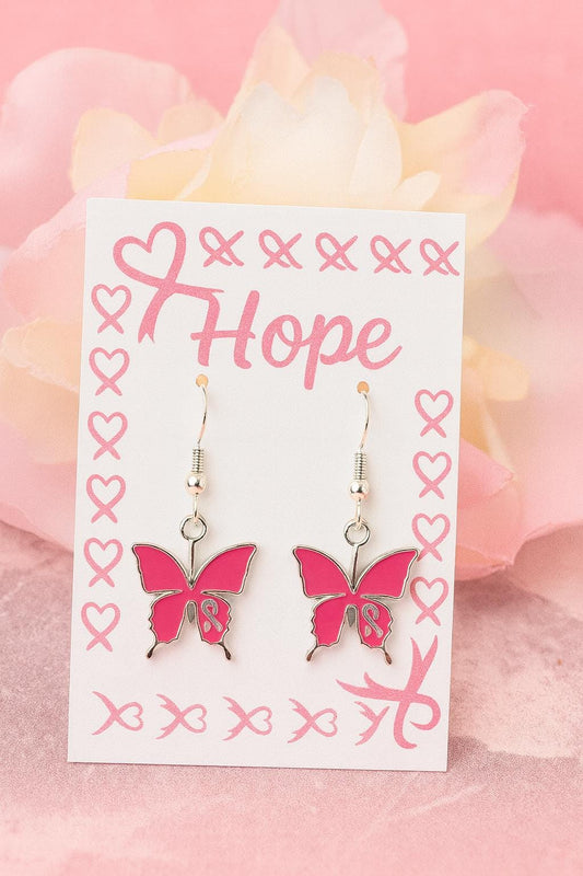 Pink Butterfly Ribbon Jewelry Set – Awareness Earrings & Necklace, Breast Cancer Support Gift, Feminine Hope Jewelry