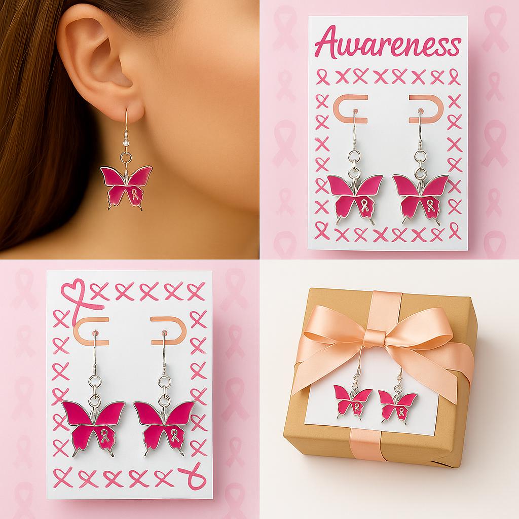 Pink Butterfly Ribbon Jewelry Set – Awareness Earrings & Necklace, Breast Cancer Support Gift, Feminine Hope Jewelry